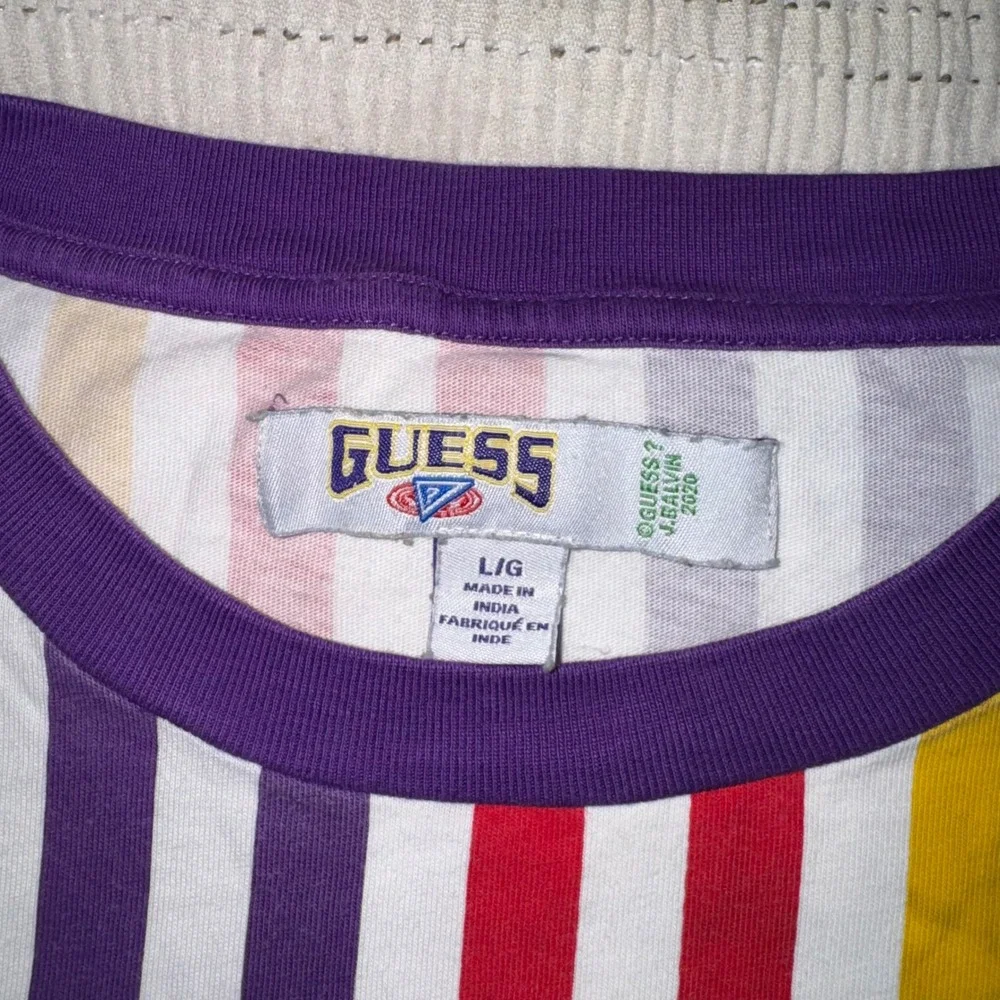 Guess x J Balvin Colores Striped T-Shirt Mens Large Multi Color Embroidered Logo - Picture 3 of 8